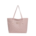 Pink vintage tote bag with M-letter pattern and golden bow accent on white background - Pink