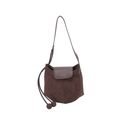 Deep brown matte suede bucket bag with unique paneled design and sphere drawstring - Brown