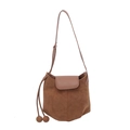 Brown faux suede minimalist bucket bag with decorative pompom tassels and adjustable strap - Brown
