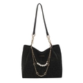 Leopard print black tote bag with gold chain strap and decorative pearl flower charm - Black