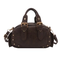 Retro dark brown bowling handbag with adjustable strap and vintage brass rivets on white background - Brown