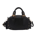 Vintage black bowling bag with leather texture and retro bronze metal buckles - Black