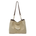 Large beige tote bag with brown leather straps and gold clover pearl chain detail - Khaki