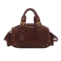 Retro dark brown bowling handbag with gold studs and vintage faux leather texture - Brown