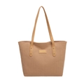 Large khaki corduroy tote bag with brown faux leather handles and golden rivet details - Khaki