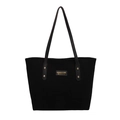 Classic black striped tote bag with leather straps and gold rivets on white background - Black