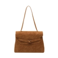 Retro brown suede minimalist handbag with gold metal twist lock and shoulder strap - Brown