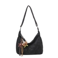 Minimalist black hobo shoulder bag with adjustable strap and cute bear charm accessory - Black (With Charm)