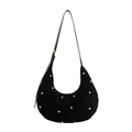 Schwarze Hobo-Tasche aus Wildleder mit Goldnieten und verstellbarem Riemen für Damen - Schwarz