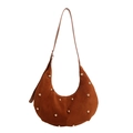 Braune Wildleder Hobo-Tasche im Vintage-Stil mit Goldnieten und verstellbarem Schultergurt - Braun