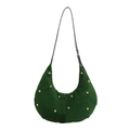 Dark green hobo bag in suede finish with golden studs and adjustable strap - Green
