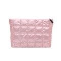 Pink quilted travel makeup bag with satin finish and black zipper on white background - Pink