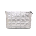 Silver quilted makeup bag with metallic finish and black zipper for travel storage - Silver