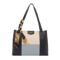 Borsa patchwork a tre colori nero, beige e blu con foulard di seta decorativo sulla tracolla - Blu