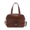 Brown vintage Boston tote bag with bow detail and silver heart charm on white background - Tan