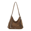 Bolso tote retro grande en ante marrón con cremalleras metálicas y mini estuche colgante - Marrón