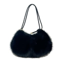 Borsa a spalla in peluche nera a mezzaluna con pelliccia sintetica e manici in pelle - Nero