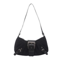 Black canvas and leather bucket bag featuring retro punk metal buckles and silver hardware - Black