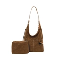 Brown suede hobo tote bag with white contrast stitching and matching small inner pouch - Brown
