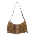 Vintage khaki suede shoulder bag with pleated design and large bronze buckle detail - Brown