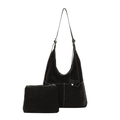 Three-piece black suede tote bag set with contrast white stitching for daily commuting - Black