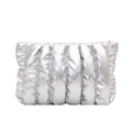 Silver quilted clutch bag with metallic puff finish and vertical pleated design - Silver