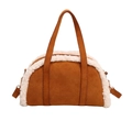 Vintage brown suede crescent handbag with soft white shearling trim and top handle - Brown