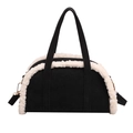 Black plush shearling trimmed dumpling handbag with contrast white faux fur details - Black