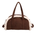 Deep brown faux suede bowling bag with white fleece trim and adjustable shoulder strap - Coffee