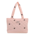 Pink quilted tote bag with black bow patterns and silver bow metal accessory detail - Pink