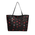 Zwarte leren shopper met kleurrijke lippenprint en slanke schouderbanden op witte basis - Zwart