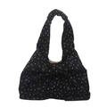Black corduroy tote bag with heart and bow print featuring large central bow decoration - Black