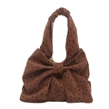 Brown corduroy handbag featuring large bow design and heart patterns for women - Brown