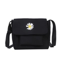 Schwarze Canvas Umhängetasche mit Gänseblümchen-Stickerei und Gurtband - Schwarz ohne Frosch
