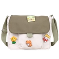 Lindo bolso bandolera de lona estilo japonés beige y verde oliva con parches de dibujos - Verde