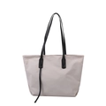 Minimalist beige tote bag with black shoulder straps and long ribbon detail for women - White