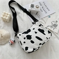 Sac bandoulière en toile imprimé vache avec sangle réglable et pendentif vache mignon - Blanc avec pendentif vache