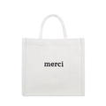 Minimalist white canvas tote bag with black merci print and sturdy fabric handles - White