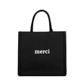 Minimalist black canvas tote bag with white 'merci' print and sturdy top handles - Black