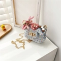 Mini blue tweed crossbody bag for girls with plush bunny and floral chain strap - Style 1 / Blue
