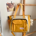 Grand sac cabas en tissu Oxford jaune et beige avec un pendentif ours en peluche mignon - Défaut