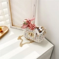 Mini tweed crossbody bag for girls with white fabric, gold chain, and cute bunny decoration - Style 1 / White