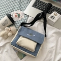 Blue and white canvas crossbody bag with planet embroidery and white bear charm - With Shy Bear / Blue