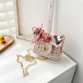 Pink tweed mini crossbody bag for girls with cute bunny doll and gold chain strap - Style 1 / Pink