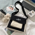 Minimalist canvas crossbody bag featuring black and white patchwork with planet embroidery - With Shy Bear / Black