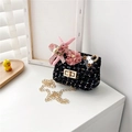 Mini tweed crossbody bag for girls featuring a pink bunny doll and gold chain strap - Style 1 / Black