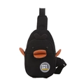 Cute black duck cartoon canvas chest bag for kids with embroidered badge and adjustable strap - Black
