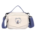Cute canvas crossbody bag for women with blue straps and cartoon bear embroidery - Off White