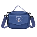 Blue canvas crossbody bag with white embroidered cartoon bear drinking pearl milk tea - Blue