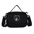 Cute black canvas crossbody bag with white cartoon bear embroidery and adjustable strap - Black